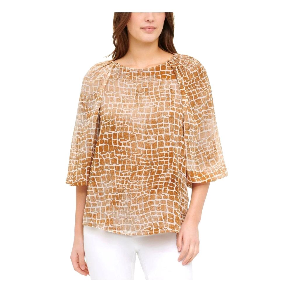 Calvin Klein Tan Cream Animal Print Balloon Sleeve Sheer Blouse 3/4 Sleeve Top L